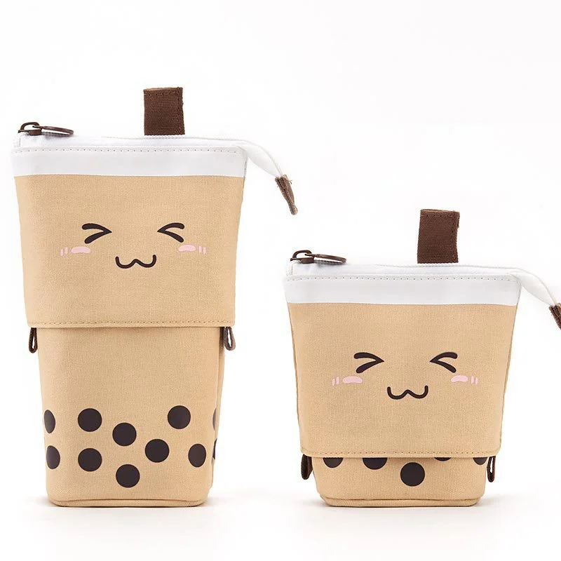

Hot Sale Kawaii Eco-friendly Cotton Canvas Pop Up Pencil Case Factory Direct Sell Students Boba Milk Tea Pencil Case Pouch