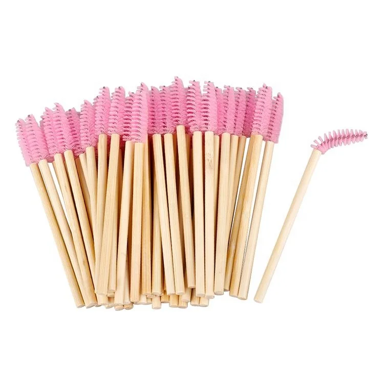 Private Label Disposable Bamboo Pink Mascara Wand Eco-friendly Eyelash Extensions Spoolie Brush, Black, light pink
