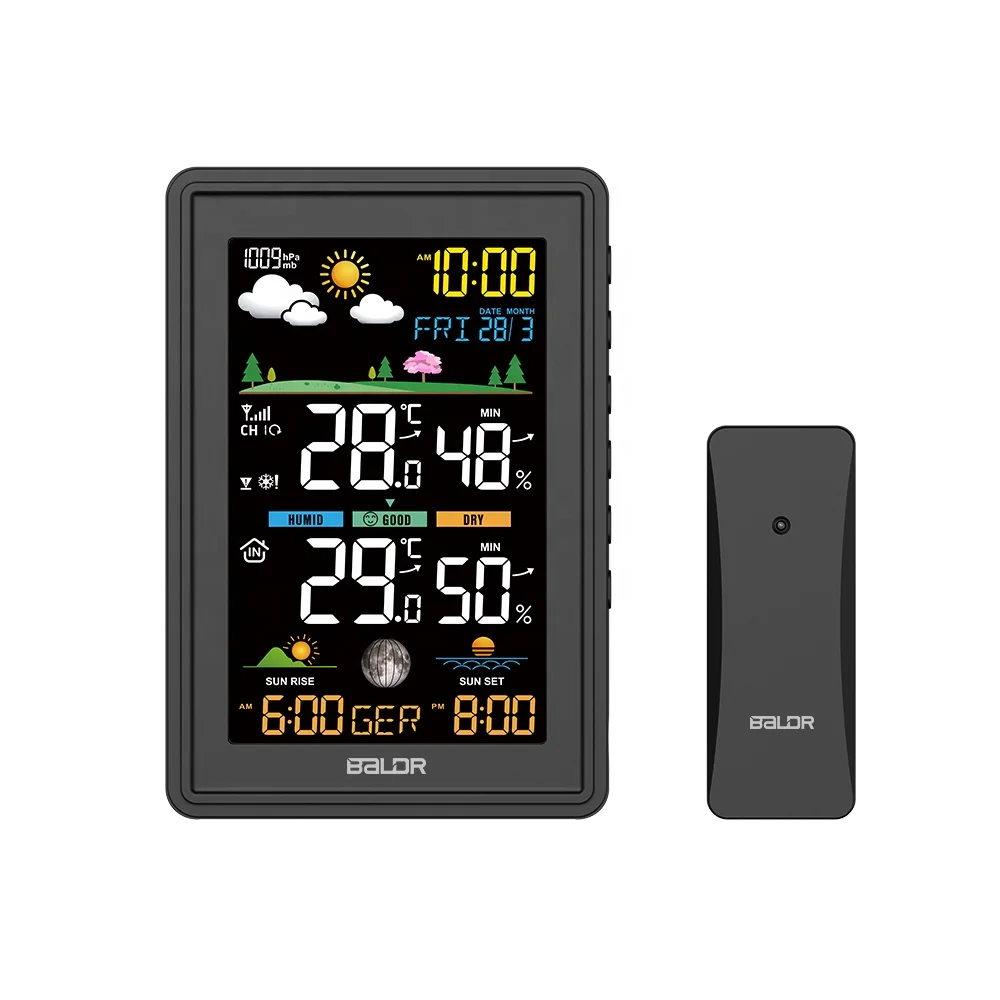 

BALDR B0360 Color Digital Wireless Weather Station DCF Indoor Outdoor Thermo- Hygrometer Sunset Weather Forecast with barometer, Black white