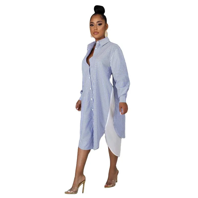 

OEM Custom Spring Stripe Patchwork Dresses Front Short Back Long Sleeve Women Casual Shirt Dress With High Quality