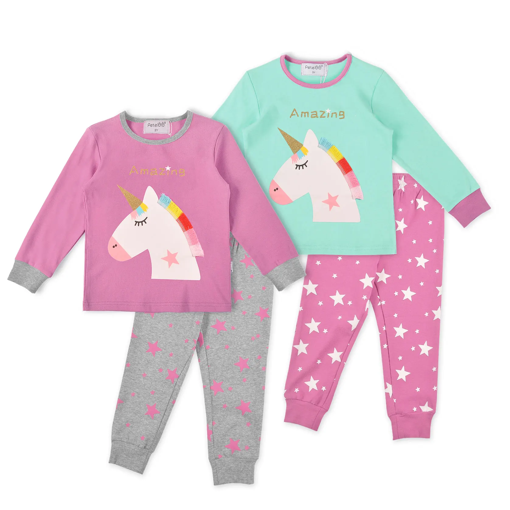 

Kids Pajamas Nightwear Girl Cotton Clothes Set Manufacturer Small Orders Embroidery Bulk Wholesale Clothing, Blue and purple