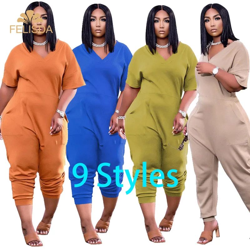

3xl 4xl 5xl Plus Size Women Clothing Jumpsuit Solid Color Fashion Sexy V Neck Pocket Casual Streetwear Short Sleeve Jumpsuit