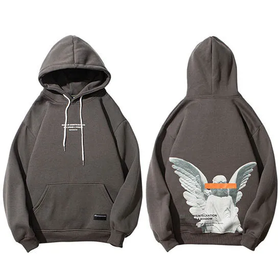 Hip Hop Streetwear Pocket Pullover Grey Fleece Hooded Hoodie Mens Angel God Printed Sweatshirt