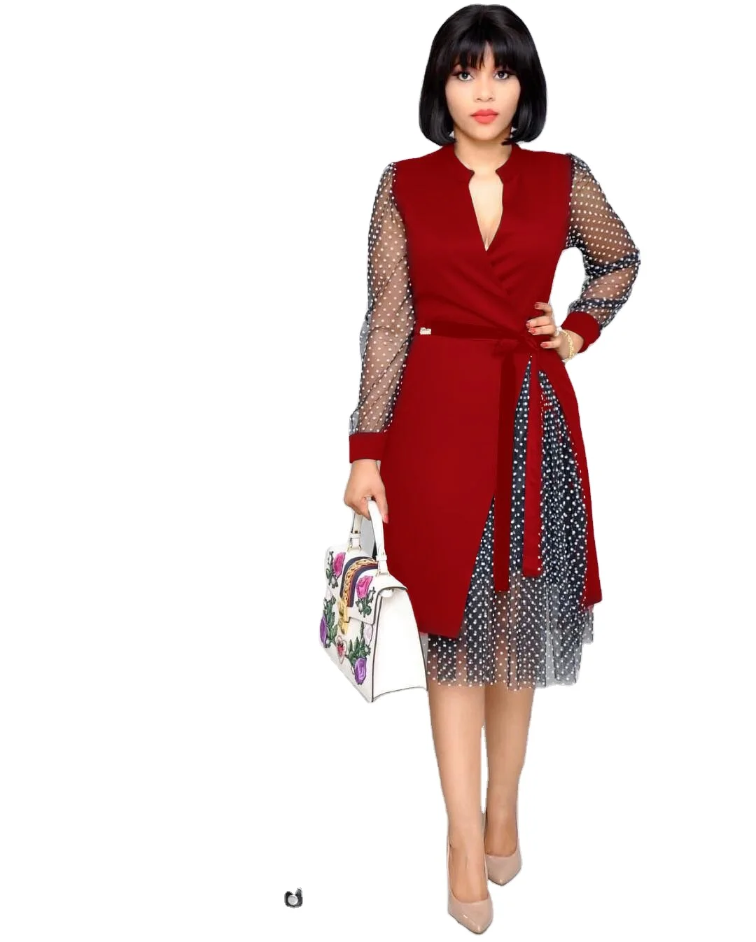 

Women Dot Black Office Midi Dress 2020 Female Long Sleeve Mesh Elegant Dresses Femme White Formal Vestidos Plus Size, Shown