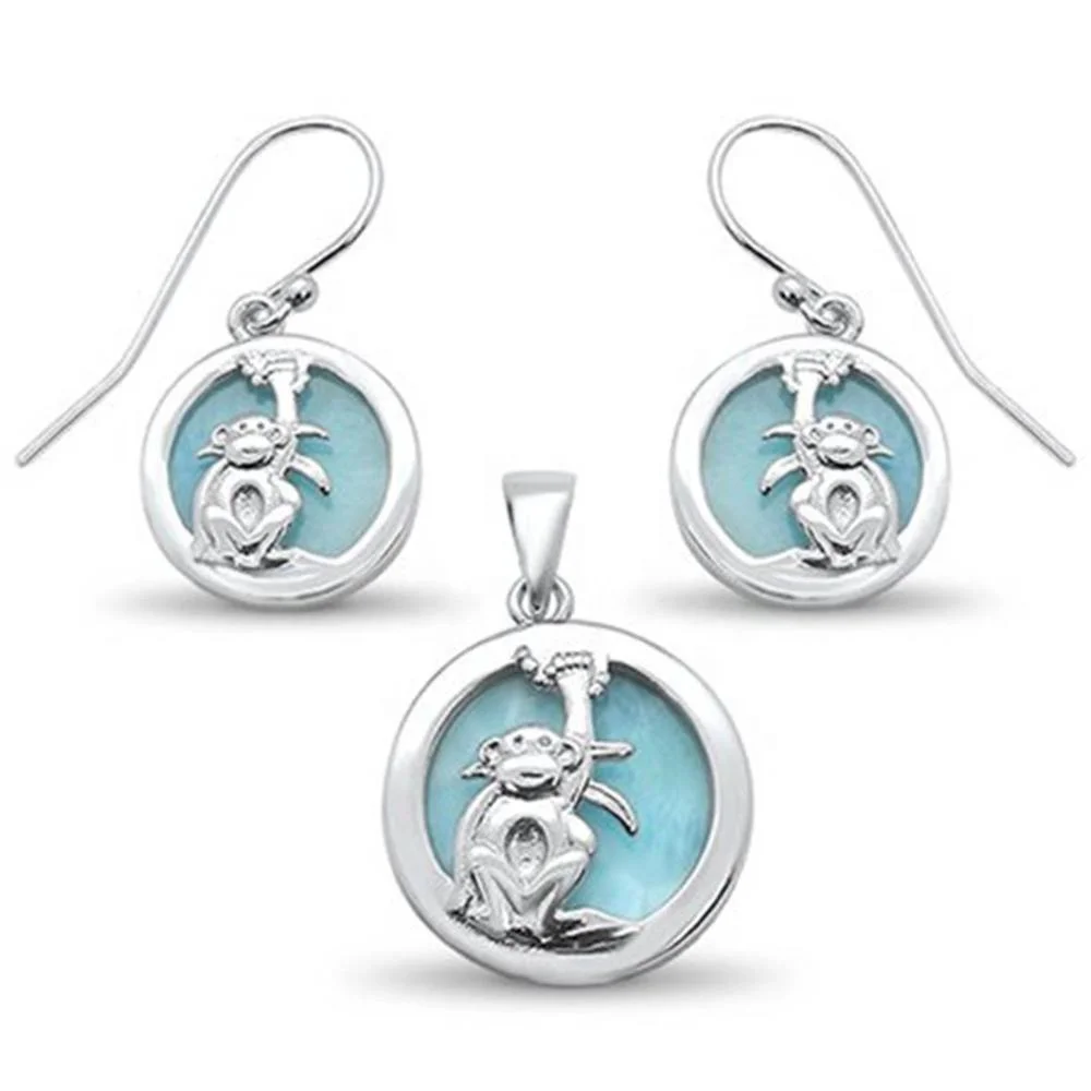

925 Sterling Silver Natural Round Larimar Monkey Design Earrings Pendant Set, Blue larimar stone