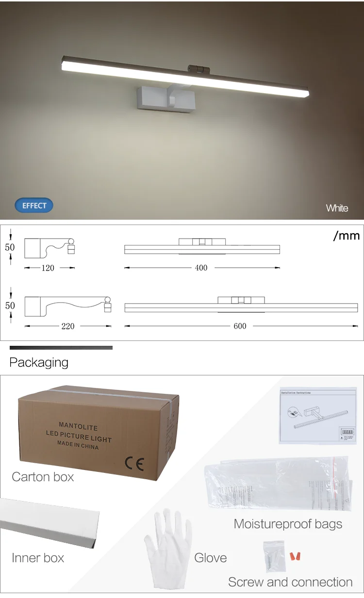 Aluminum Wall Lamp IP20 Led Picture Light 12w Indoor Warm Luminous White  Body 40cm wall lighting fixture