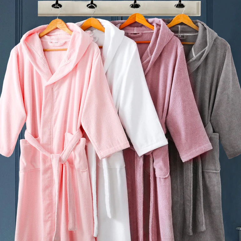 

Pure cotton bathrobe female nightgown long thick hooded couple towel bathrobe long-sleeved absorbent, Customized color