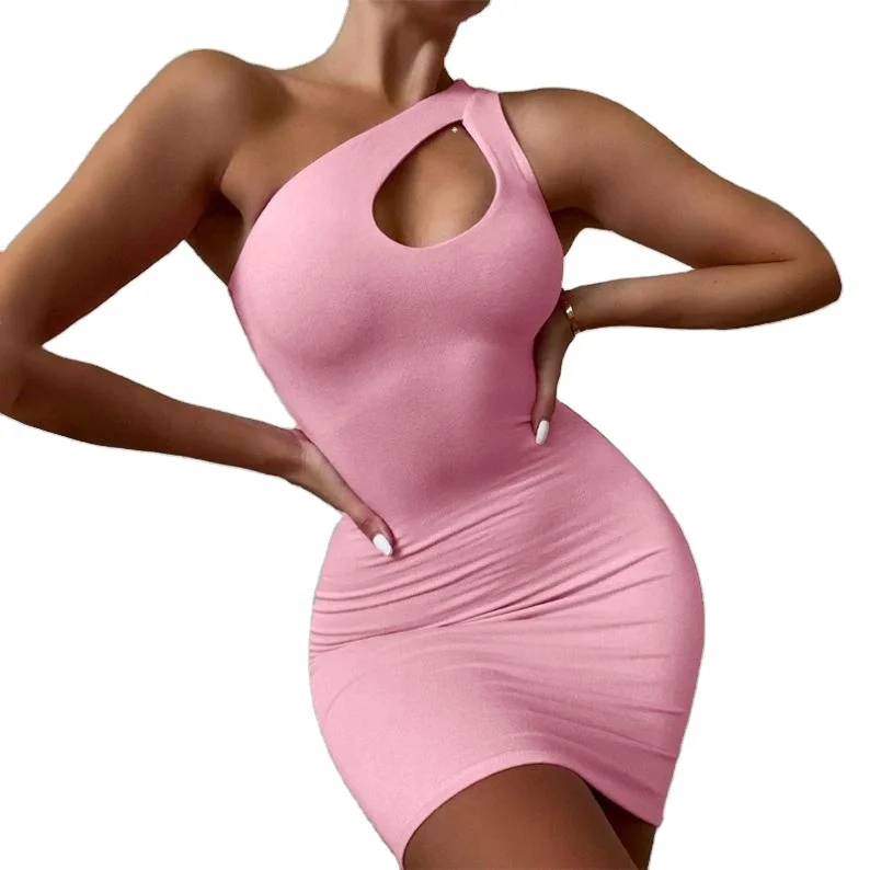 

Bodycon Fashion Sexy One Shoulder Sleeveless Hollow Out Ladies Mini Dress