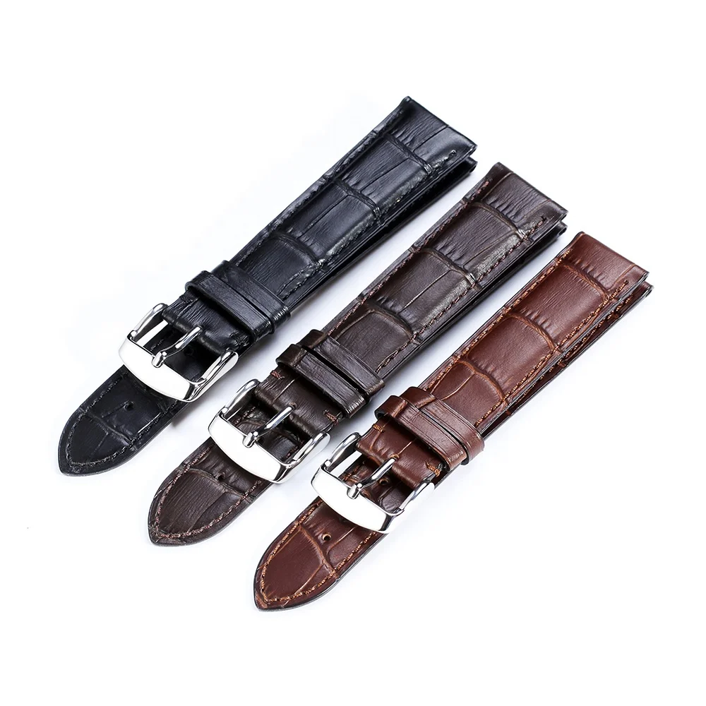 

16 24mm Custom Replacement Wristband Genuine Calf Leather Silver Pin Buckle Watch Band Strap, Multipcolor