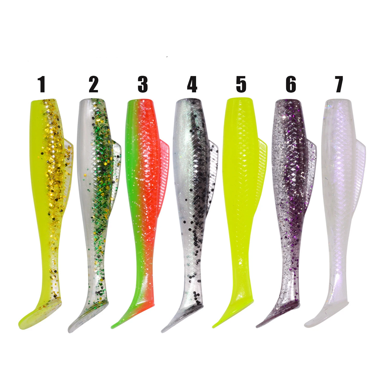 

TPR Double Color Fishing Lures 4 Pieces T Shape Tail Headless High Elastic 85mm 5g TPR Soft Bait Fishing Bait Lure, 10 colors