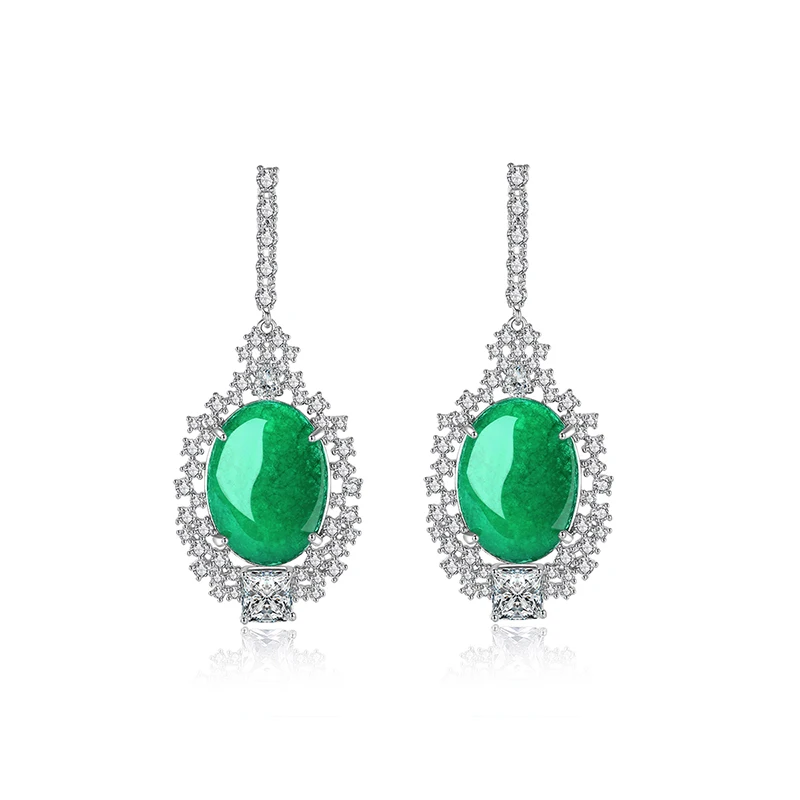 LUOTEEMI Big Egg Shape Classic Big Green Jade Drop Earrings for Women Wedding Party Fashion Jewelry