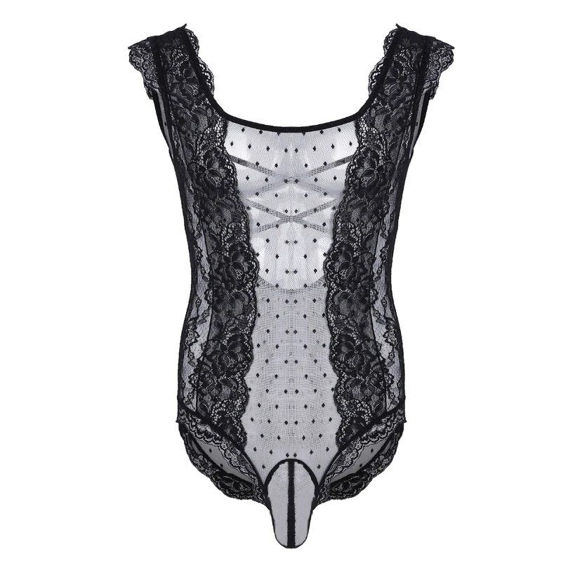 

Fashion Mesh Sheer Floral Lace Polka Dots Bodysuit Lingerie Pouch Sissy Sleepwear