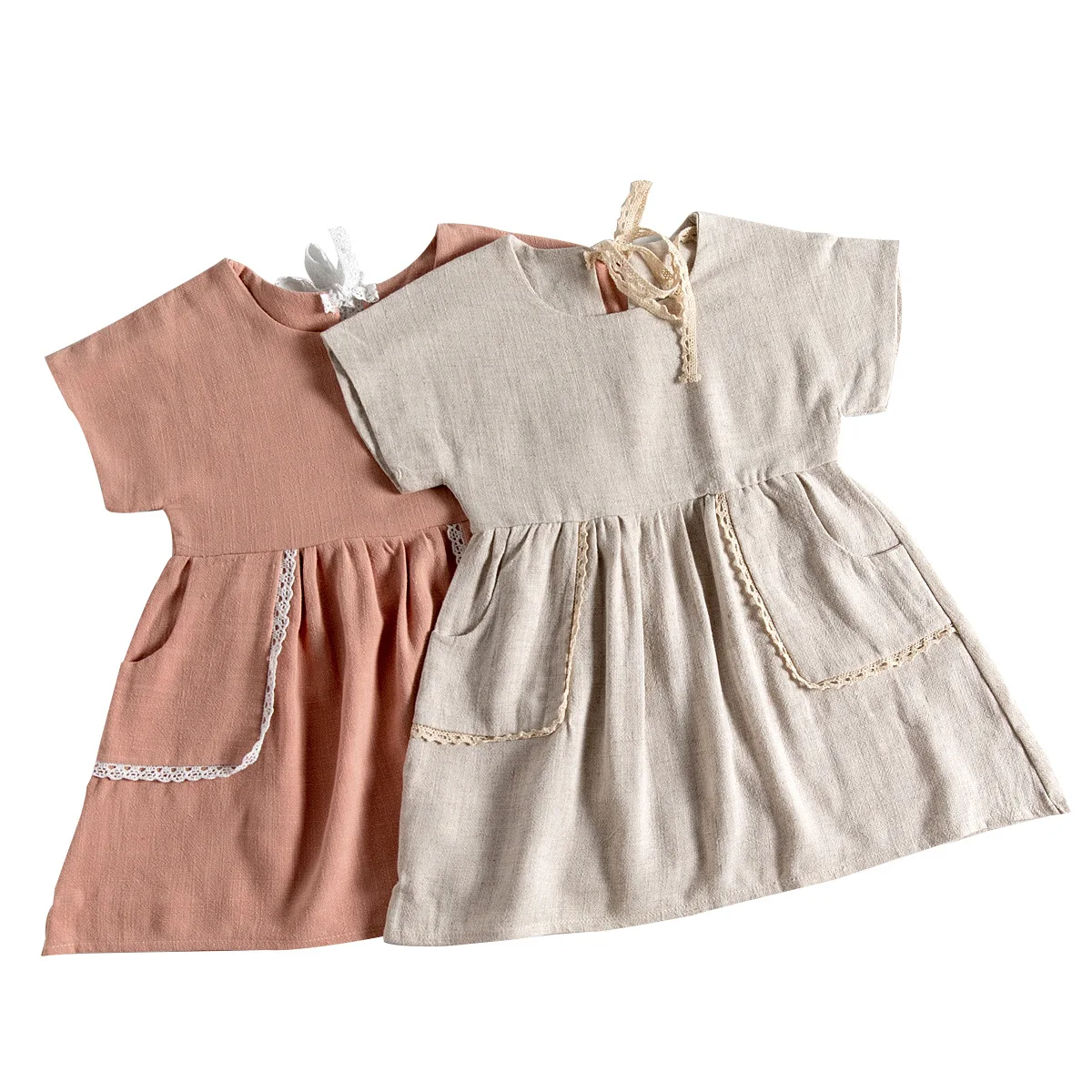 

2021 Summer New Girl Linen Solid Color Lace Pocket Short-sleeved Dress