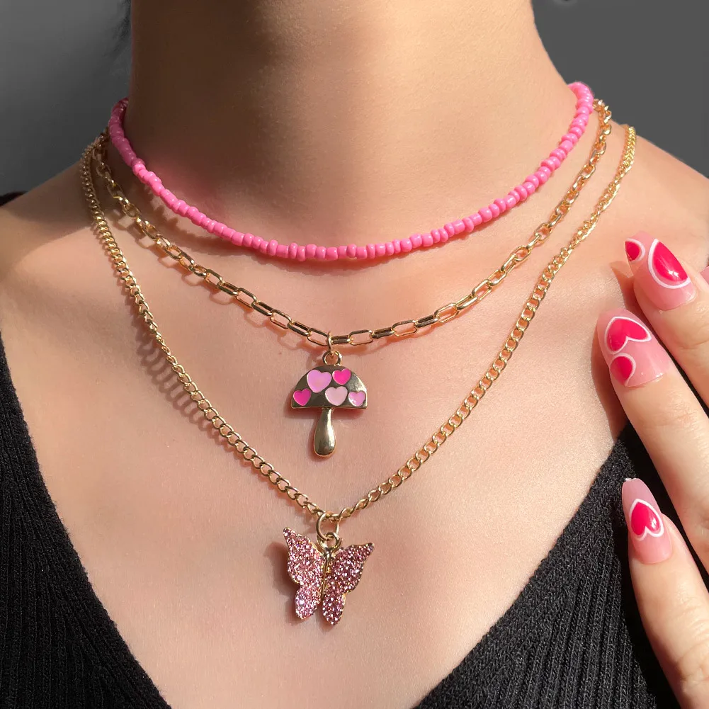 

3pcs/set Rectangle Chain Acrylic Small Beaded Necklace For Women Pink Mushroom Butterfly Pendant Necklace, Gold plated