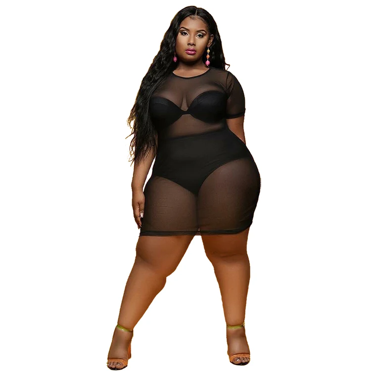

Plus size women clothing sexy one piece o-neck mesh dress sexy