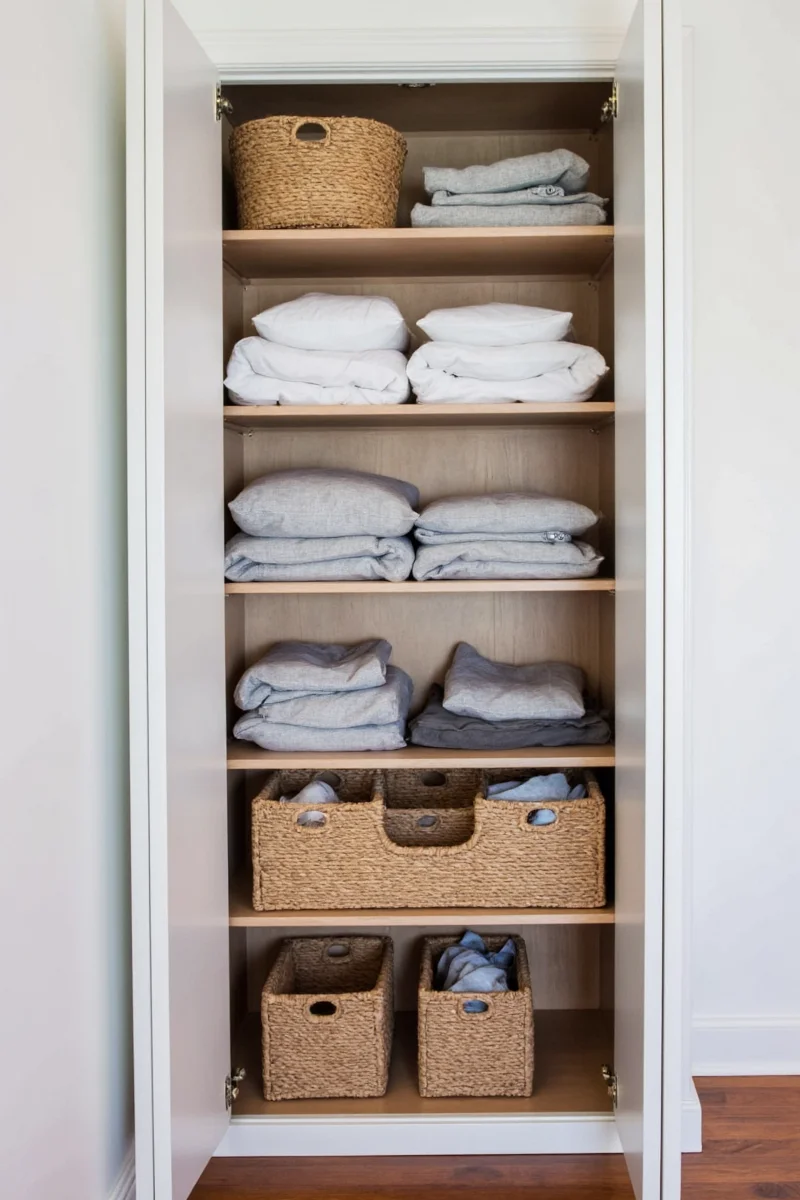 Bedding cabinet with labeled fabric bins