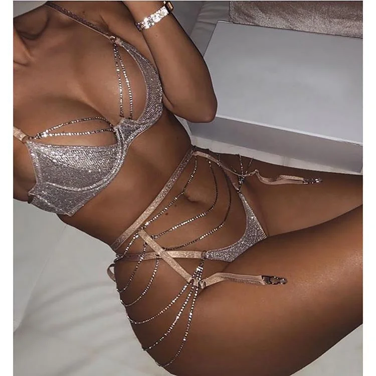 

Low MOQ Hot Transparent Fashion Women Chain Luxury Lace Rhinestone Lingerie Set Sexy