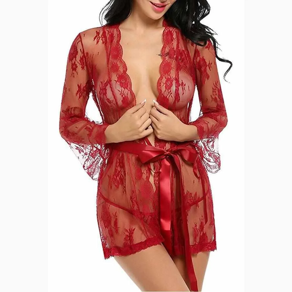 

Hot Sale Women's Lace Night Wear Lace Kimono Robe Babydoll Lingerie Mesh Sexy Transparent Nightgown For Women, Multi colors