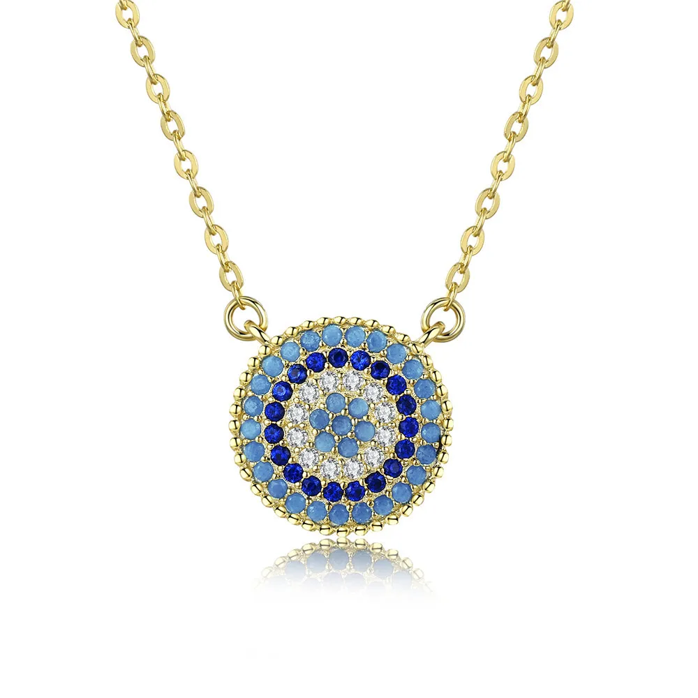 

Custom Wholesale 925 Sterling Silver 18K Gold Plated Blue Zircon Micro Pave Round Evil Eye Pendant Necklace
