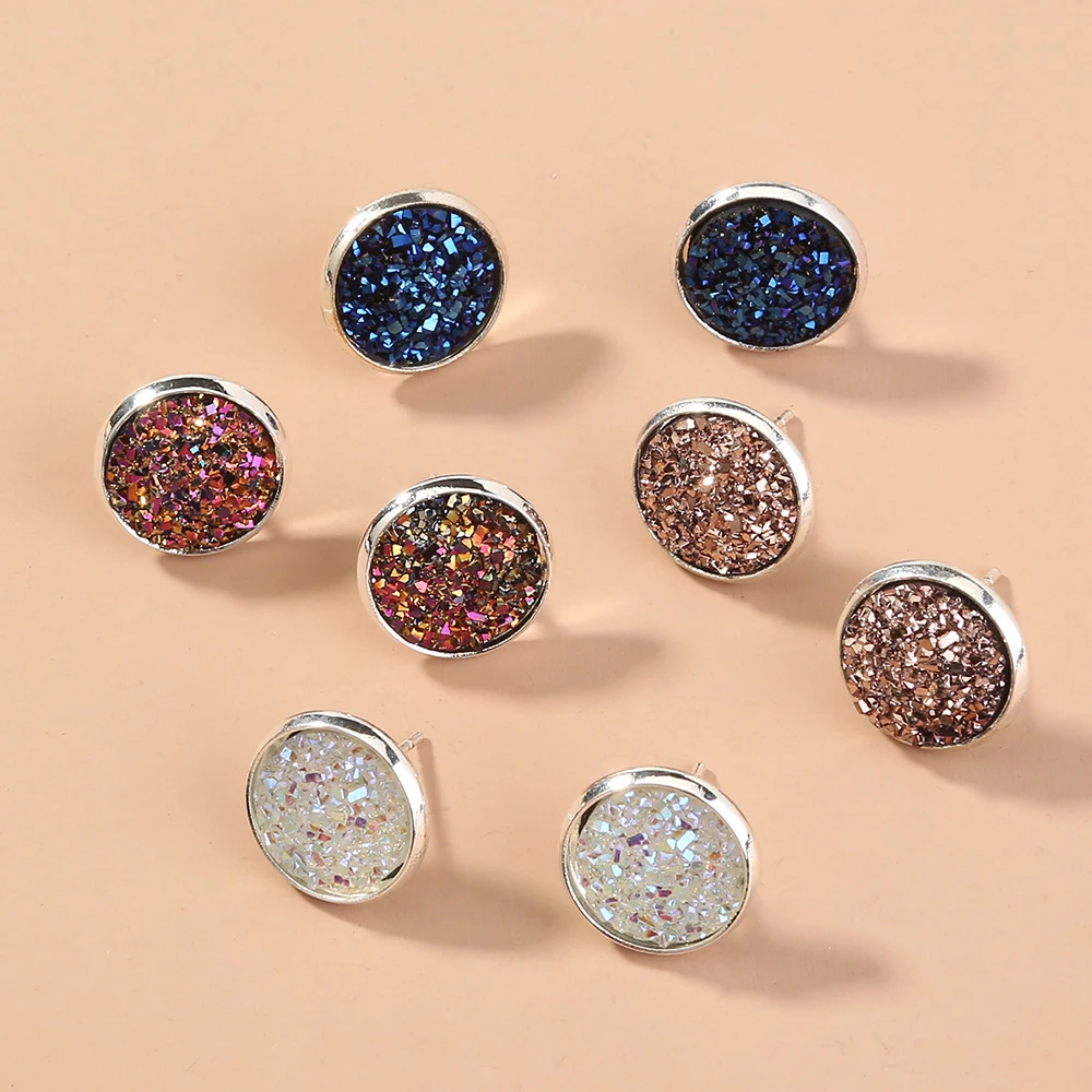 

Minimalist style Round Crystal Druse Stud Earrings Set Classic Woman Jewelry