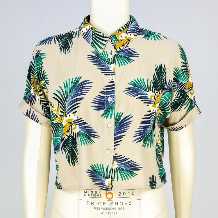 

Best Selling Unique Design New Fashion Women Elegance Floral Printed Hawaii Collar short Sleeve Button Office Shirt