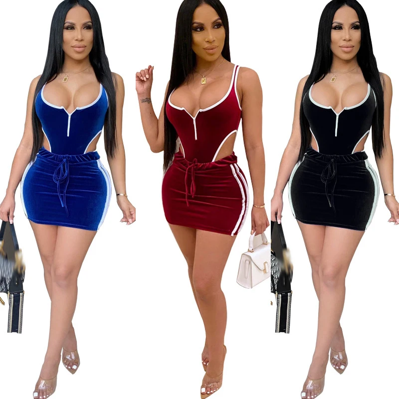 

M5324 casual bandage mini skirts and bodysuit two piece set women clothing