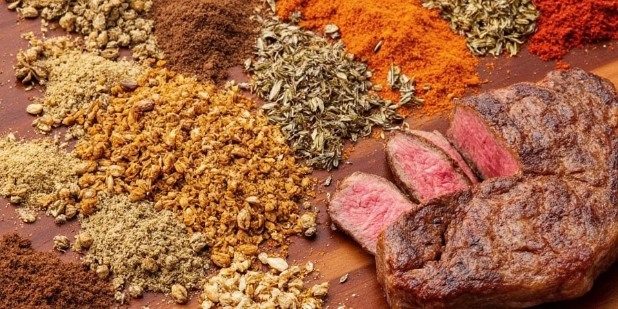 Steak with herbs and spices on wooden board