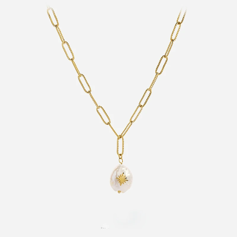 

Vintage Pearl Chain French Octagon Star Baroque Style Titanium Steel Necklace, Gold