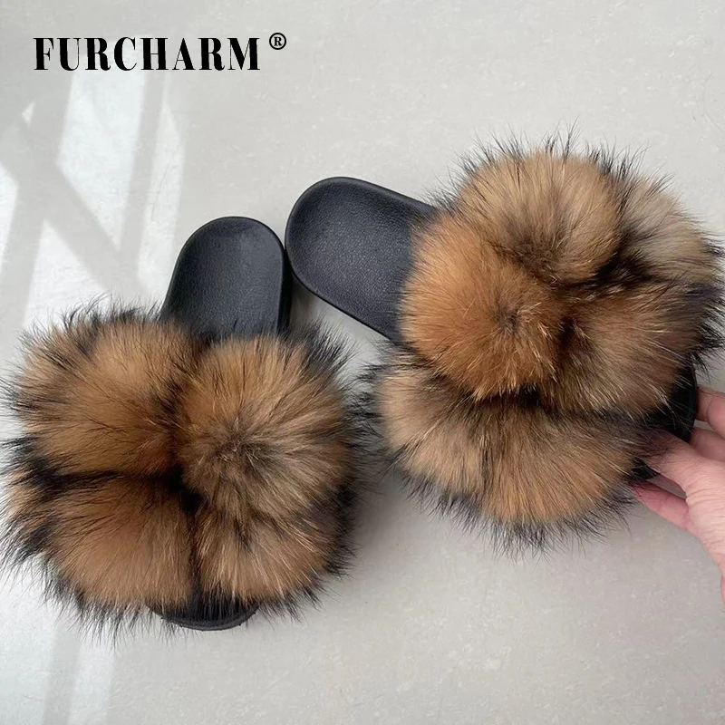 

Wholesale Custom Women Fluffy Fur Slippers Ladies Soft Fur Slides, White/ black/ dark green /red wine / light gray /raccoon color