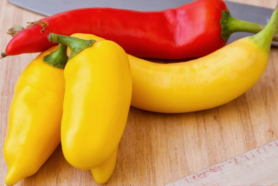 Fresh yellow and red banana peppers on wooden cutting board with measuring scale showing Scoville units