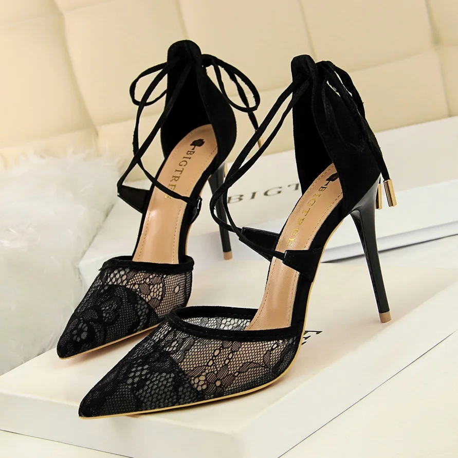 

New High Heels Women Pumps Toe Shoes Office Ladies Shoes Woman Hollowed Lace Heel Shoes Green Beige Yellow Black