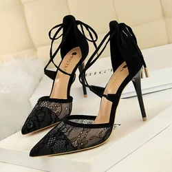 New High Heels Women Pumps Toe Shoes Office Ladies Shoes Woman Hollowed Lace Heel Shoes Green Beige Yellow Black