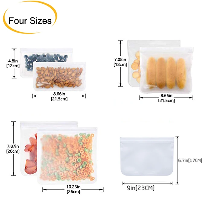 

4 SIZES Reusable Storage Bags Transparent Leakproof Freezer Reusable Snack & Sandwich Bags PEVA Ziplock Food Storage Bag