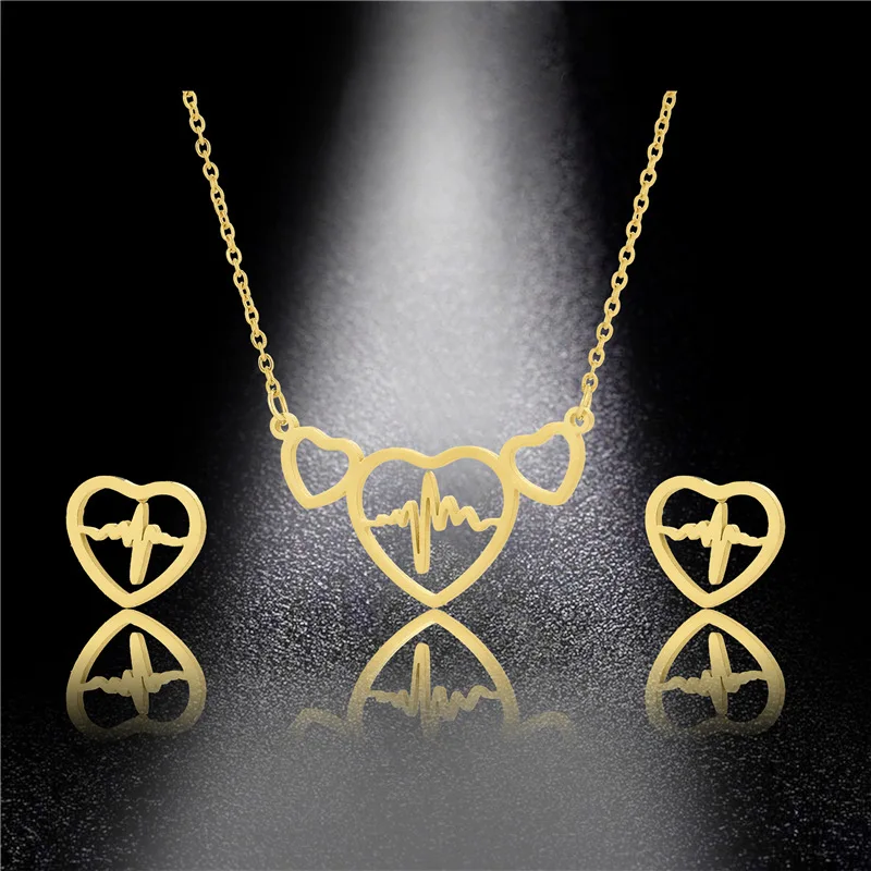 

Love Heart Stainless Steel Jewelry Set Lot Heartbeat Cardiogram In Love Heart Nurse Necklaces Earring For Valentine's Gift