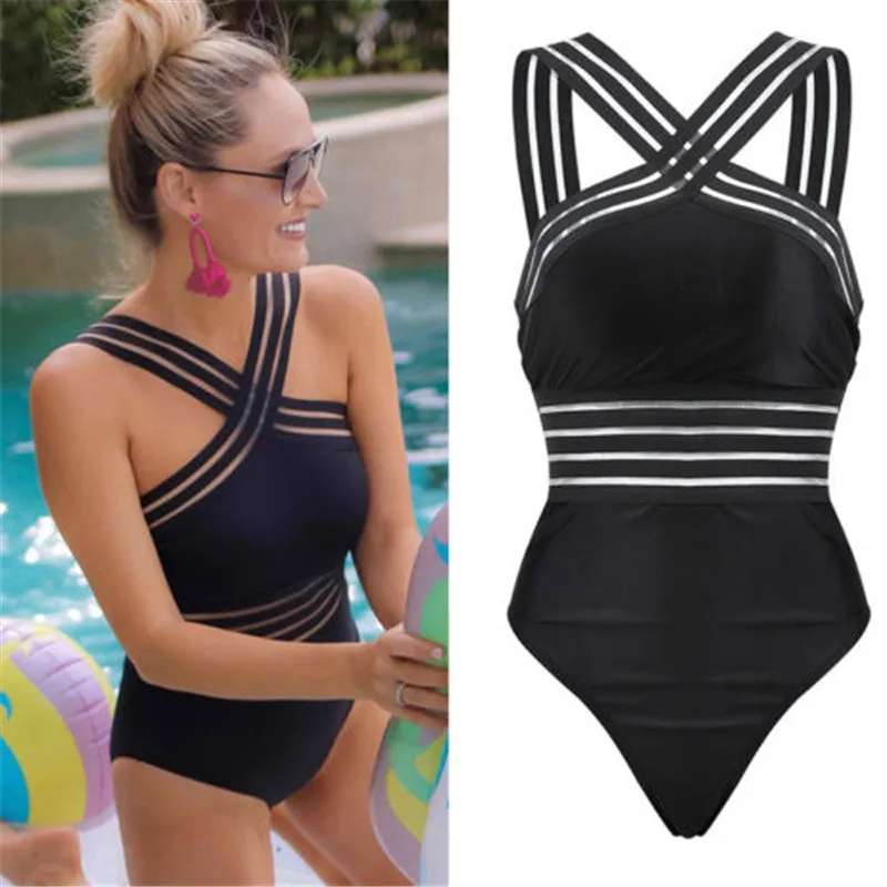 

2020 Newest Swimsuits Sexy One Piece Swimwear For Women Beach High Neck Bandage Cross Back Female Brazilian Swimming Suit, Solid red black swimsuits women 2020