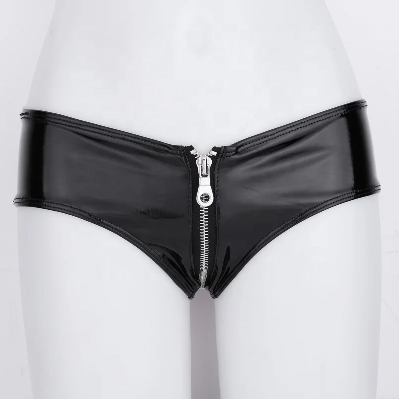 

Women PVC Patent Leather Panty Zipper Crotch Low Rise Underwear Bikini Briefs G-String Underwear