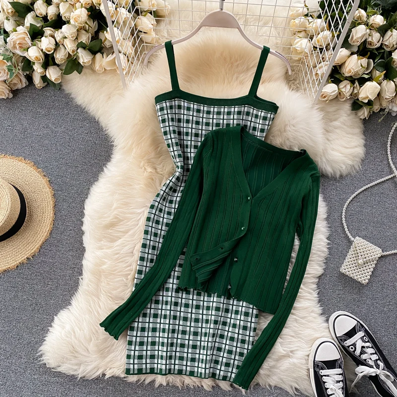 

2021 Autumn Dress Set Women's Knitted Cardigan Coat All-Matching Mid-length Suspender Dress Slimming Two-Piece Outfits Set