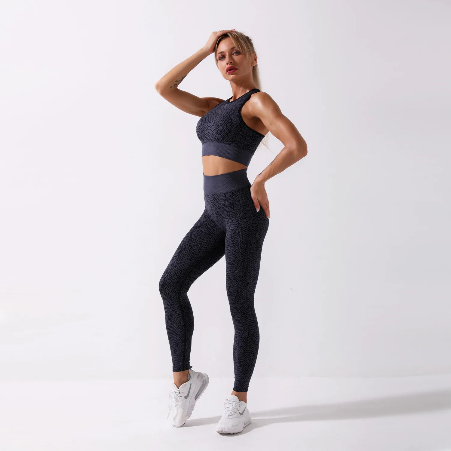 

Women Seamless 2 Piece Yoga Workout Set Python Snake Skin Print Workout Set, Custom color