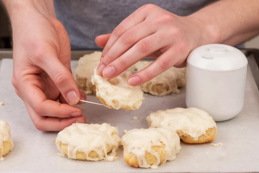 Proper technique for cutting cinnamon rolls using dental floss to prevent squishing