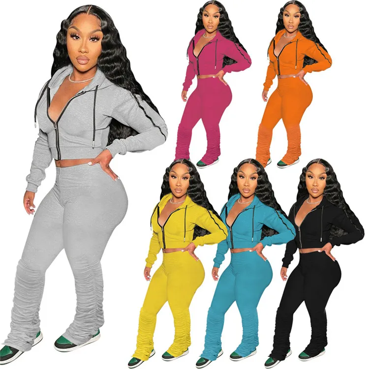 

CW3005 custom logo 2021 fall crop tops 2 pieces sets outfits women clothing sweatsuit two piece pants set, Picture color