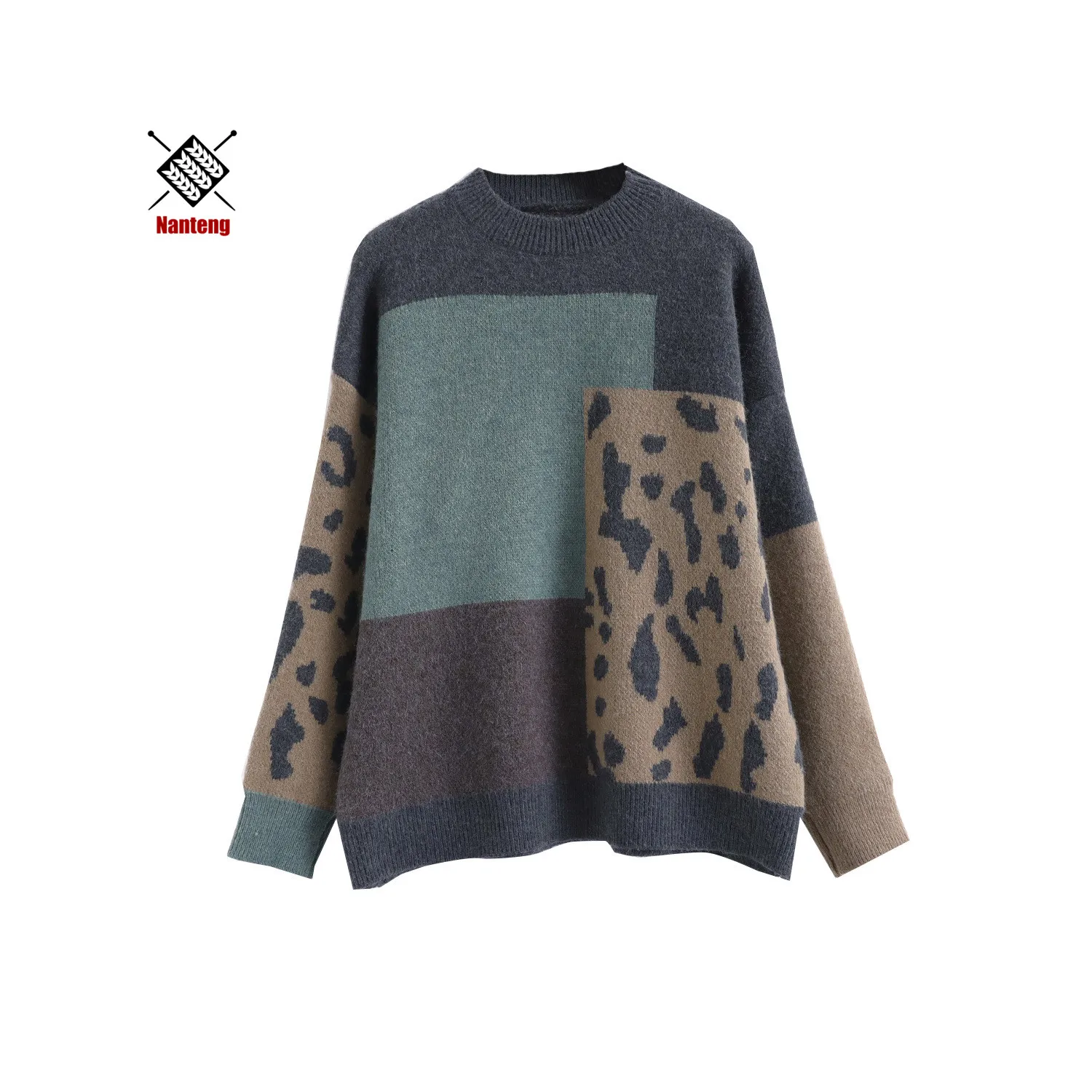 

Custom Jacquard Casual Pullover Long Sleeve Crew Neck Women Winter Leopard Sweater