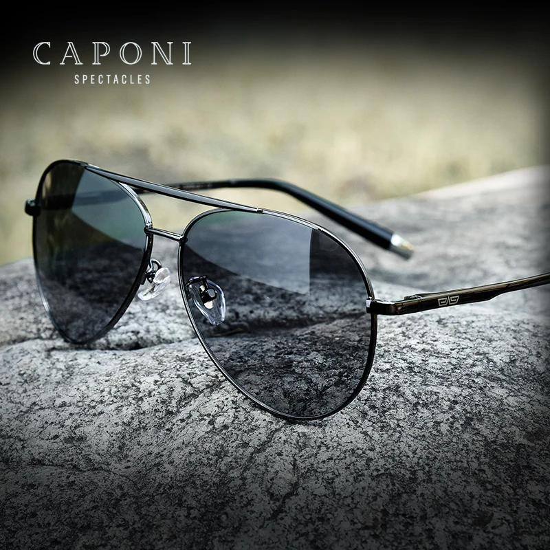 

CAPONI 2021 Classic Mens Metal Pilot Frame Photochromic Polarized Lens Sunglasses UV400 Color Change Eyewear Men CE UV400 BS3103