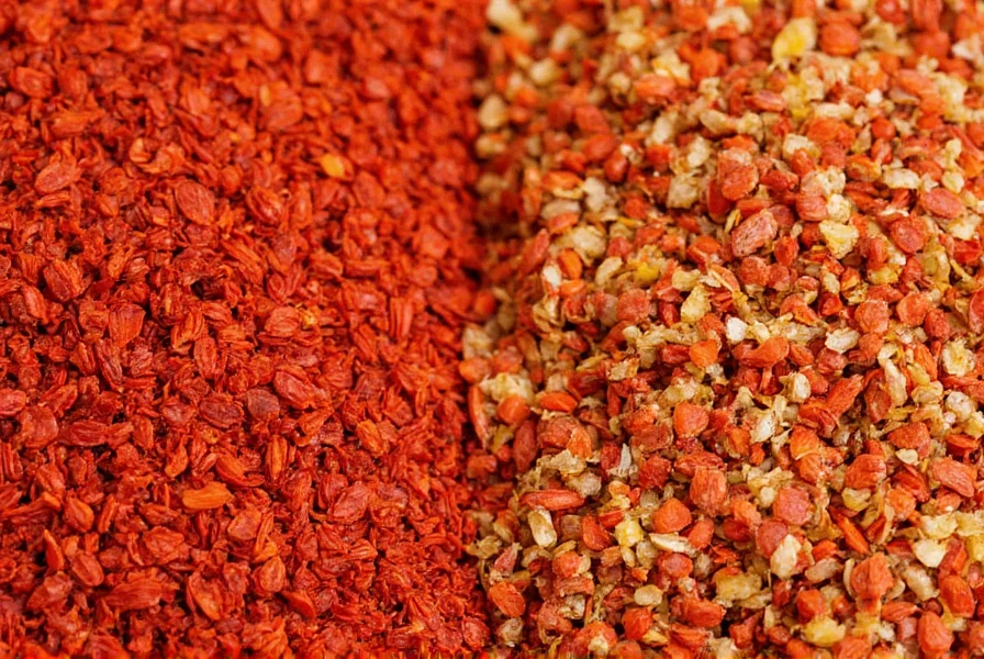 Close-up comparison of red pepper flakes and chili flakes showing similar texture and color variations