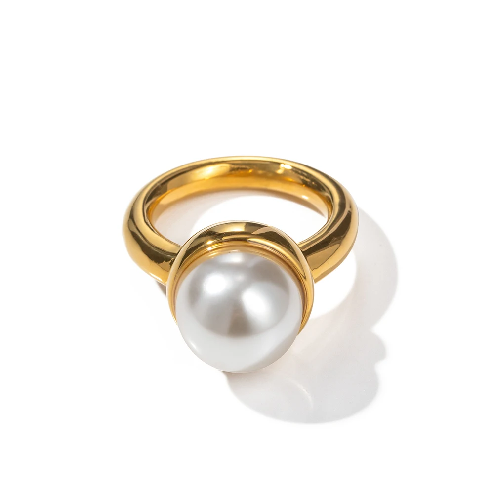 

Summer 18K Gold Plated Pearls Ring Jewelry Waterproof Stainless Steel Pearl Stacking Finger Ring for Wedding