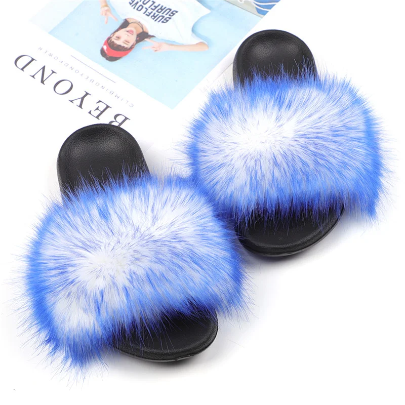 

Wholesale Custom Logo Faux Fox Fur Slippers For Women Latest Design Sandal Fashion Slipper Slides, As picture