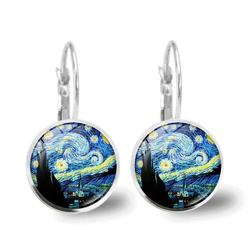 

SC New Design Vintage French Earrings Artistic Eardrop Time Gemstone Painting Earrings Van Gogh Starry Night earrings for Women