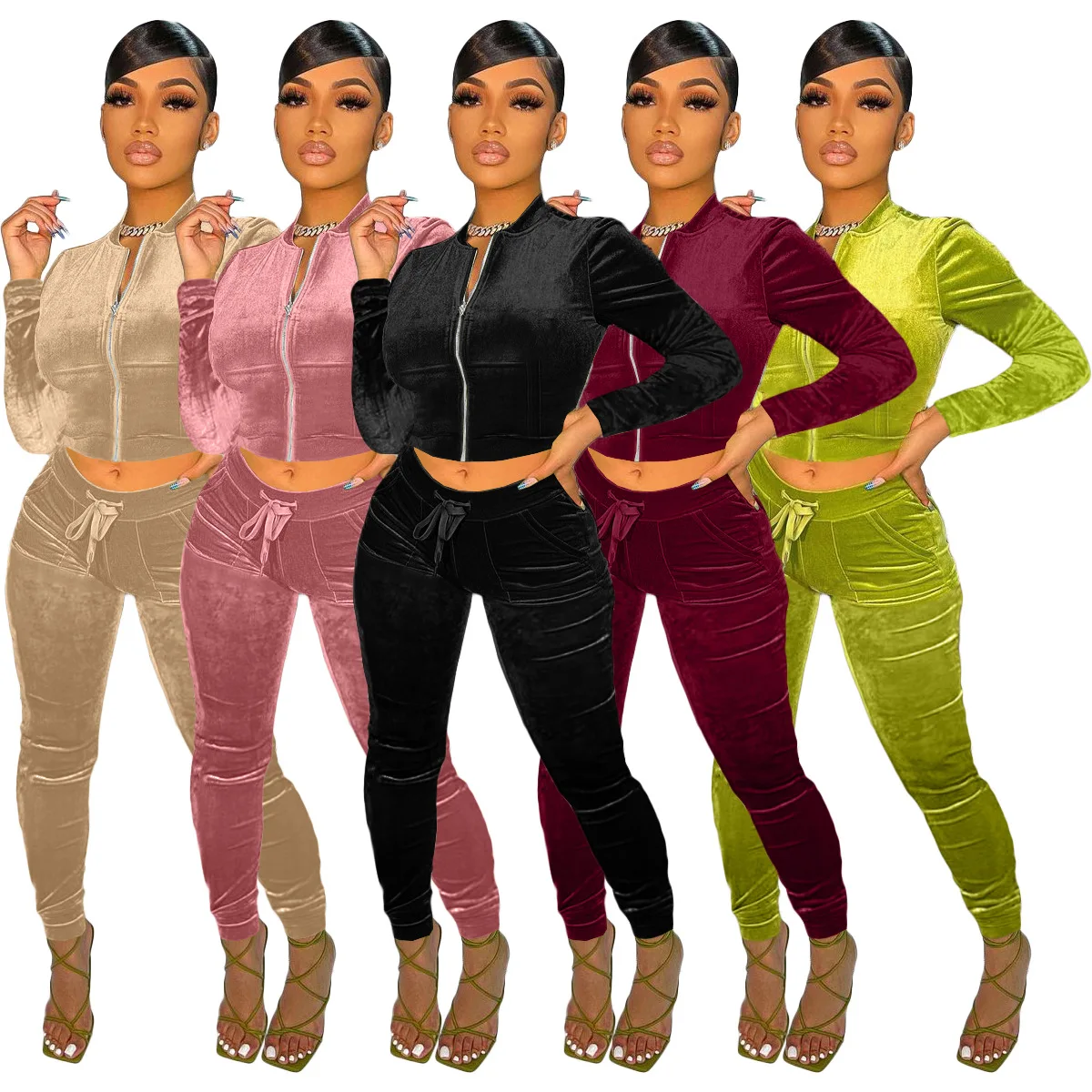 

Cropped Jacket 2021 Women Suits Two Piece Sets Slim Pants Fitness Velvet Velour Tracksuits Leggings Women 2 Piece Set Jogging, Picture