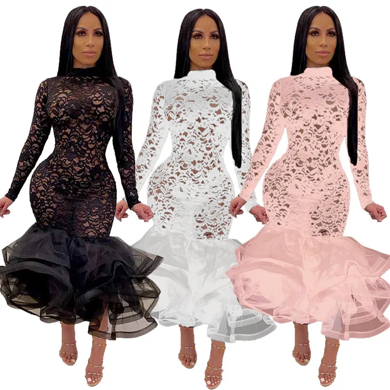 MH9575 - women sexy mesh lace transparent ruffle tile dresses