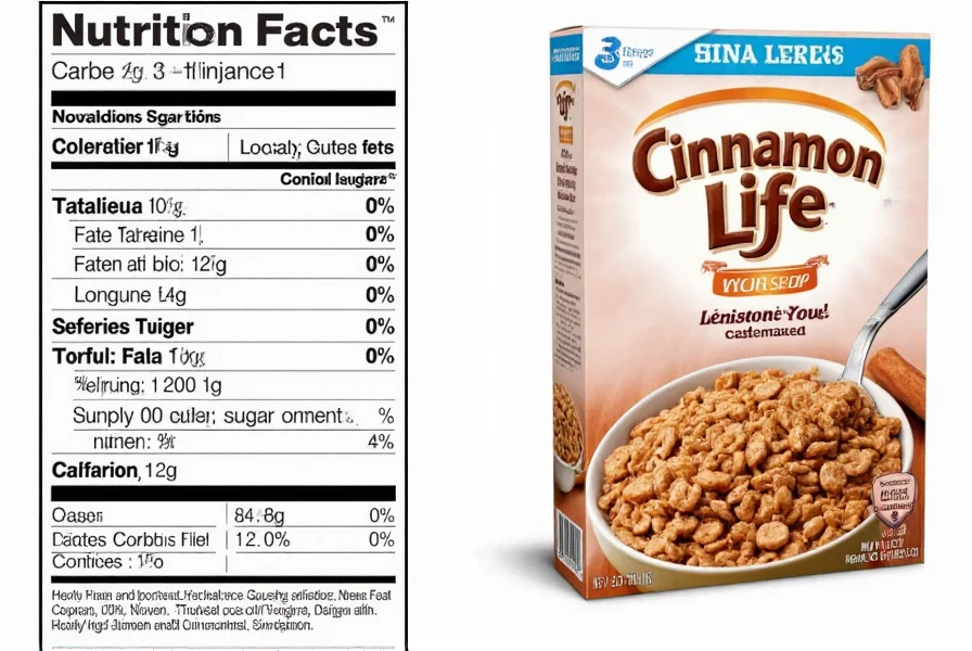 Cinnamon Life cereal box next to nutritional facts showing sugar content comparison with other cinnamon cereals