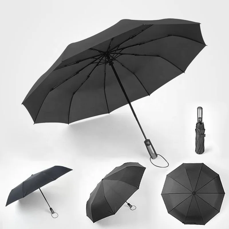 

10Ribs Men's umprella Full Black Auto Open Close Windproof Foldable Automatic Anti-wind 3 Travel Folding Umbrella with Logo, Customized color